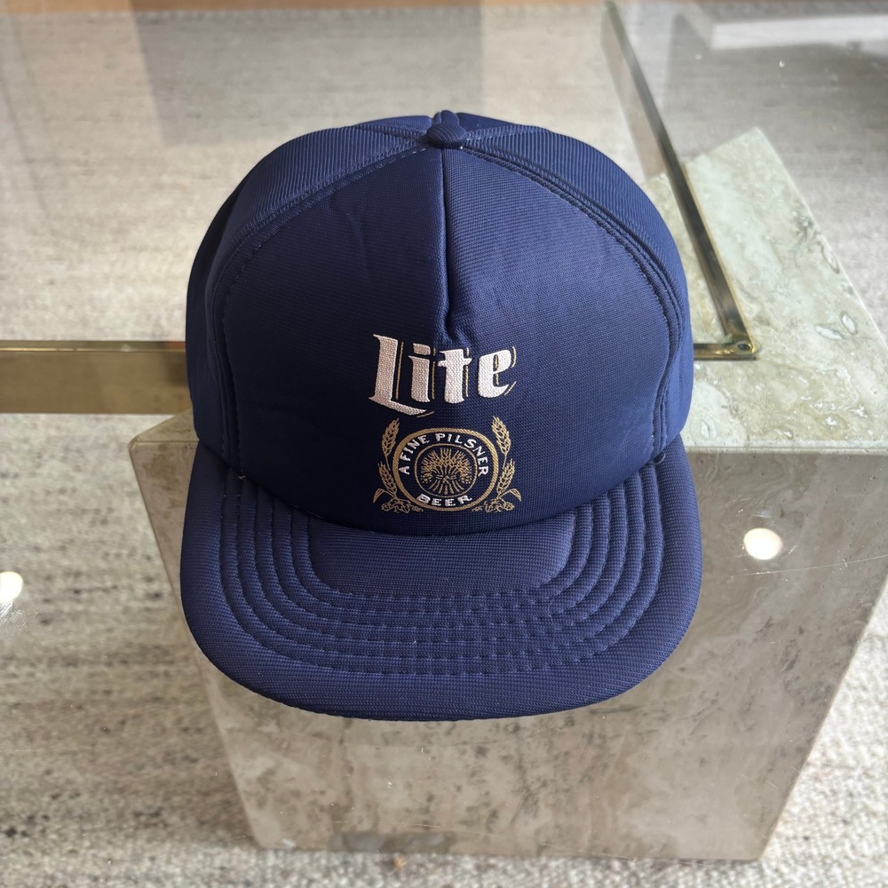 Miller Lite Trucker Hat Mens OSFA Navy Blue Gently Used Vintage Sportcap Logo